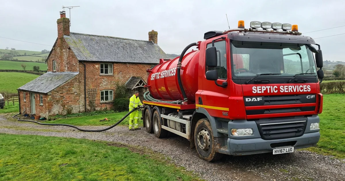 A professional vacuum tanker emptying a septic tank at a rural UK property