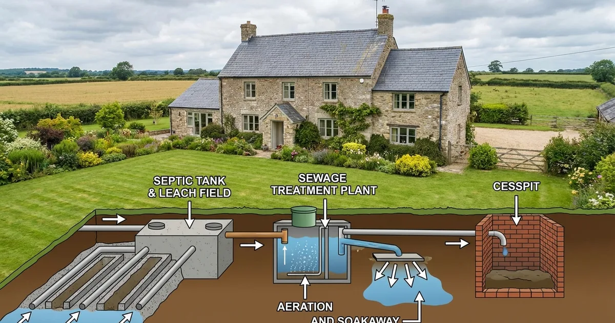 Rural English farmhouse with three drainage system options illustrated underground